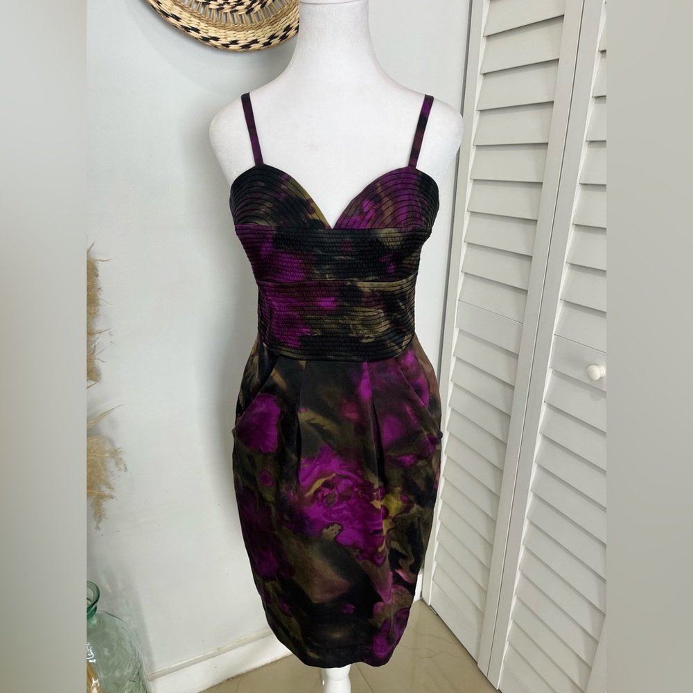 Single Dress • Women’s Silk Black Purple Cocktail Party Mini Dress Small EUC